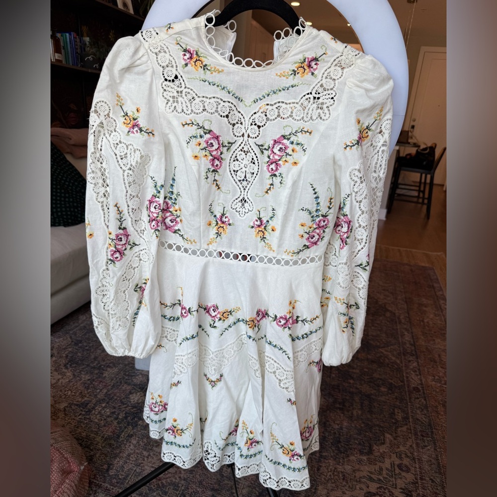 Zimmermann White Long-sleeve Mini Dress with Multicolor Embroidery & Lace Size 0